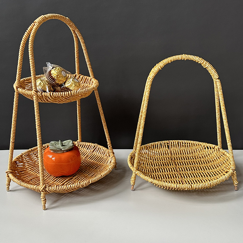 Factory Direct Sales Wicker Fruit Basket Layered Desktop Storage Living Room Fruit Plate Sandwich Bread Handheld Fruit Basket Weaving