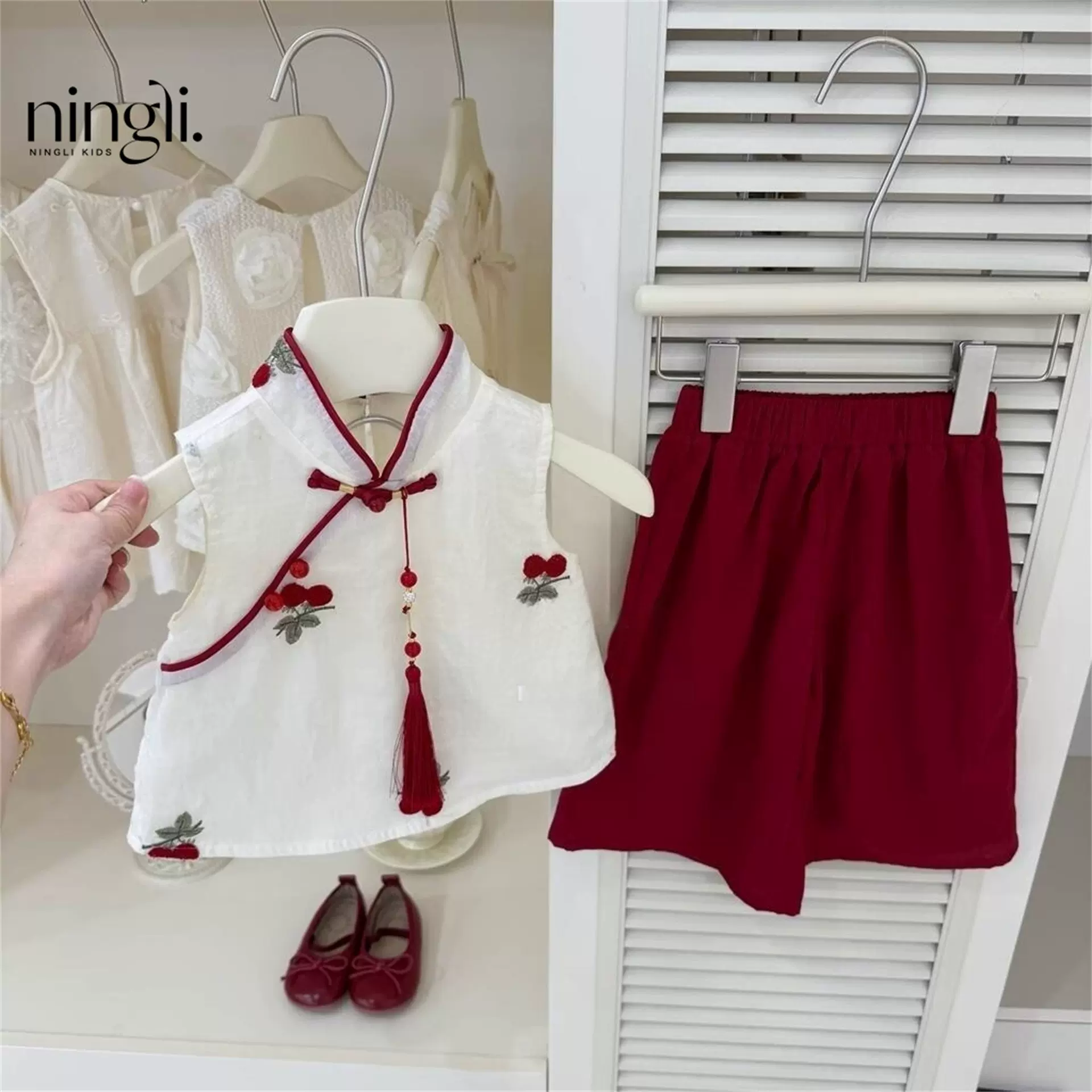 【柠里】原创高定女童2025夏季红色新中式国风上衣阔腿裤宝宝套装