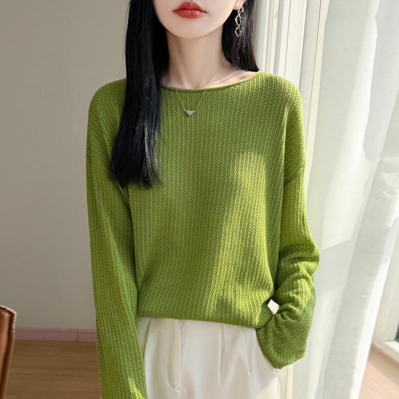 Spring New Thin Style Women's Imitation Wool Knit Sweater, Off-Shoulder Pullover, Hollow-Out Loose Korean Style Wholesale
