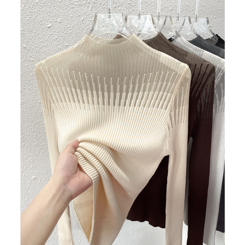 Autumn and Winter Lace Pit Slim-fit Mesh Design Knitwear Sweater Western Style Half-high Neck Long Sleeve Inner Base for Women