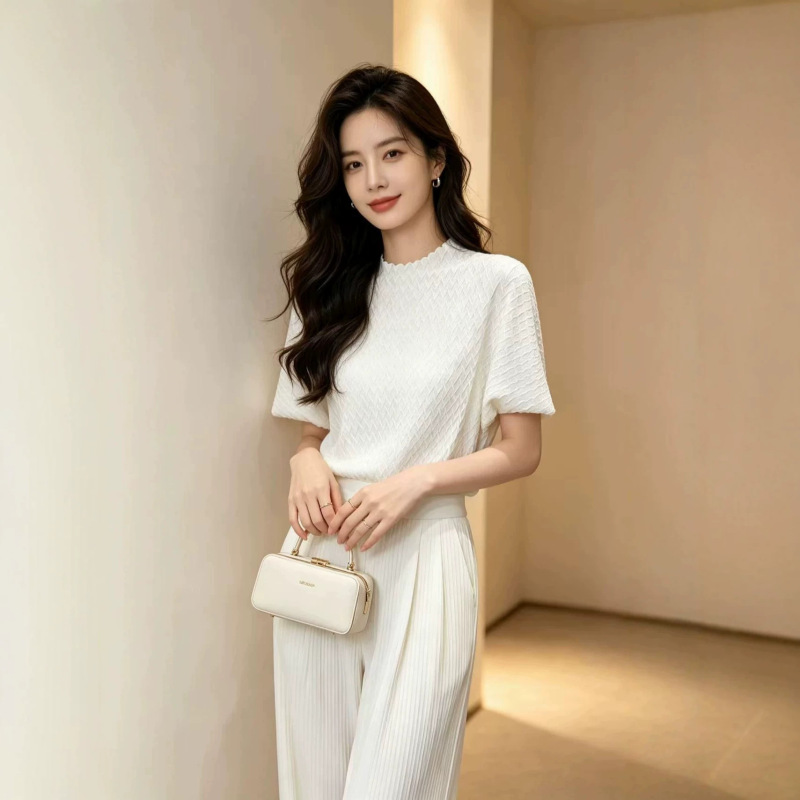 Miyake Pleated Lace Collar Jacquard Short-Sleeve Women's Summer Breathable Versatile Casual Top Women's Summer Blouse Miyake Pleated Lace Collar Jacquard Short-Sleeve Women's Summer Breathable Versatile Casual Top Women's Summer Blouse