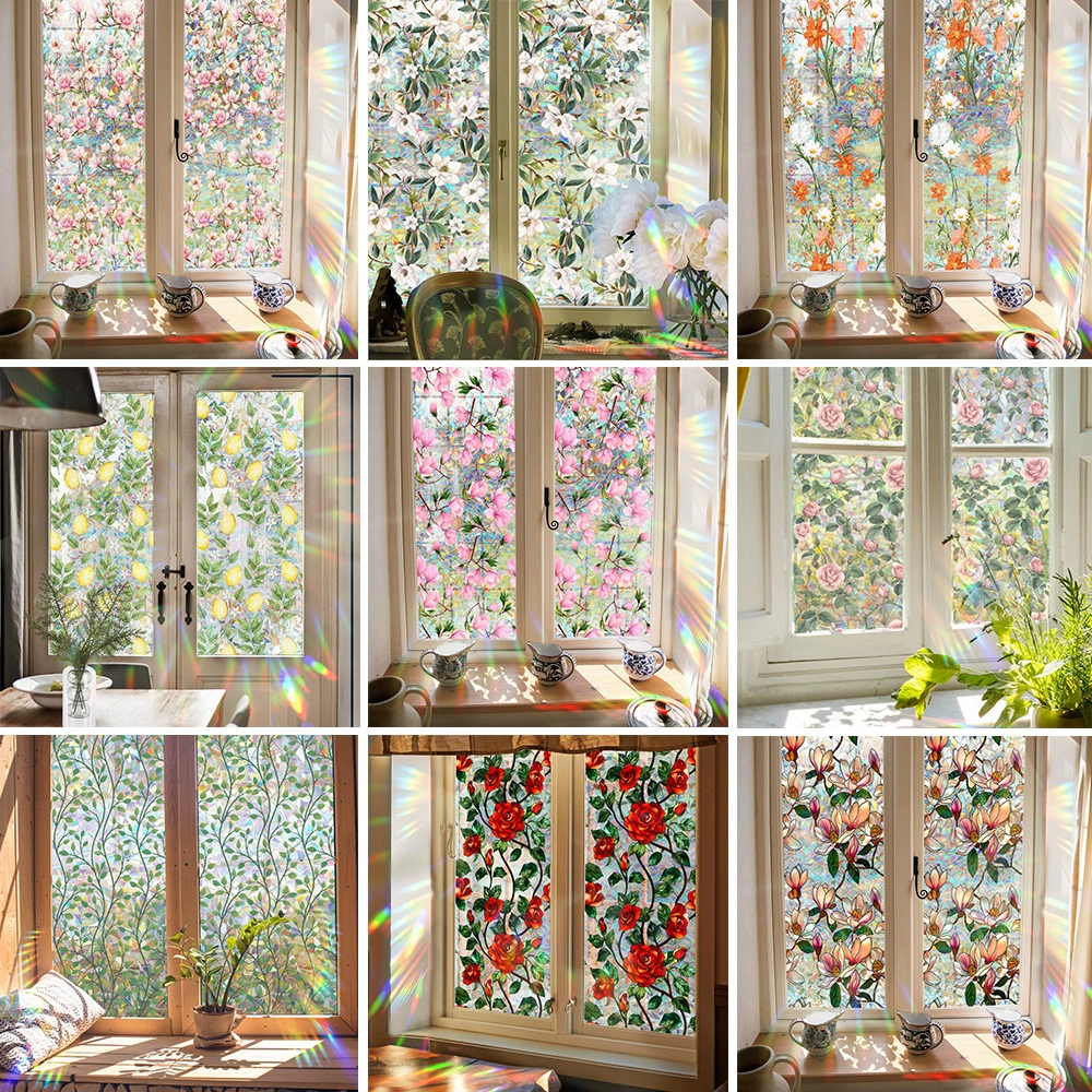 XCBL001-094 Цветная электростатическая наклейка на стекло для трансграничной торговли, без клея, радужная, с изображением зеленых растений, для декора окон, цветная пленка