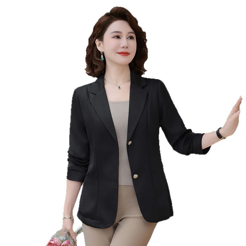 長袖のスーツのコートの女性の春の薄いタイプの2025新型の高級感の小さい背の酢酸のサテンのスーツの上着の女性