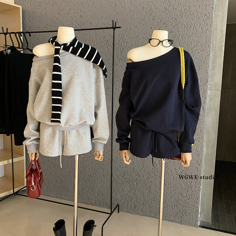 WGWE7050宽松斜肩美式卫衣休闲短裤两件套|undefined
