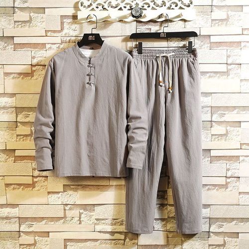 Chinese-style menswear Tang suit buttoned linen T-shirt for men long sleeve spring and autumn cotton linen loose Hanfu scholar attire