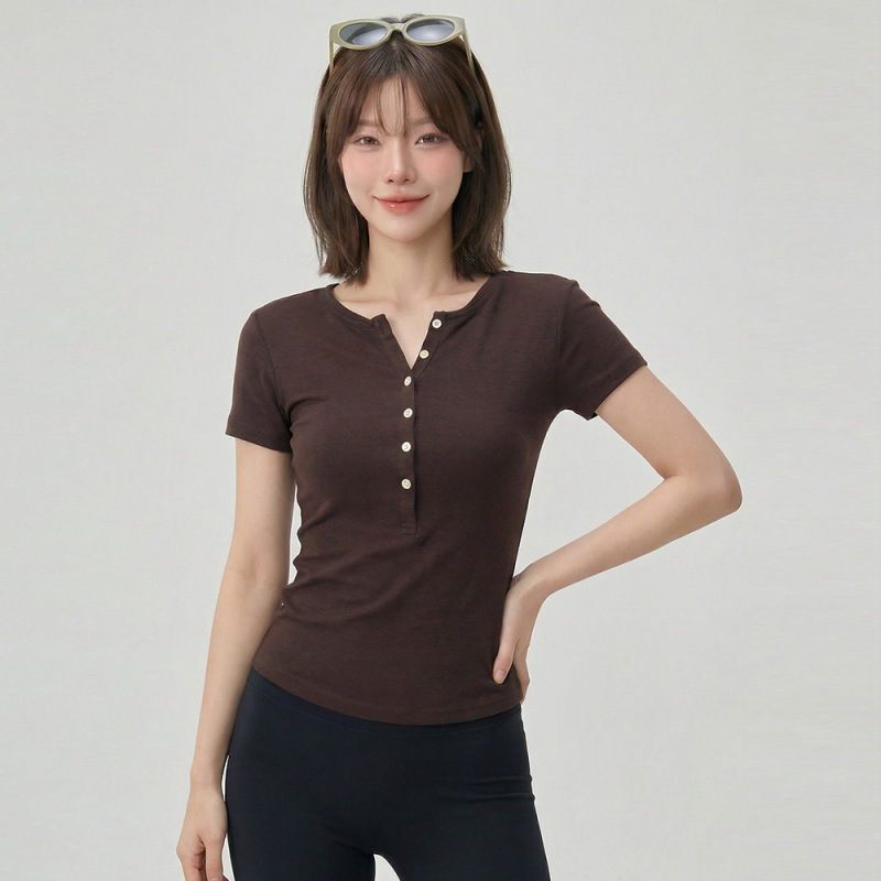 Yoga Clothing Short-Sleeved Slim-Fitting T-Shirt with Buttons and Henry Collar Fitness Clothing Running Training Sports Top for Women