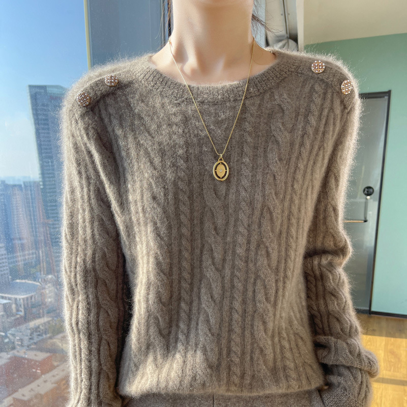 Demi-season woolen knitted sweater with a round collar