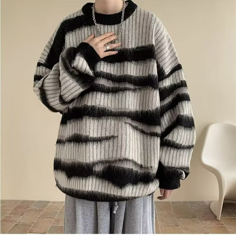 (2개) 가을과 겨울 라운드 넥 스웨터 남성용 아메리칸 스타일 트렌디 브랜드 대비 컬러 스트라이프 플러시 게으른 스타일 느슨한 간단한 니트 스웨터 재킷