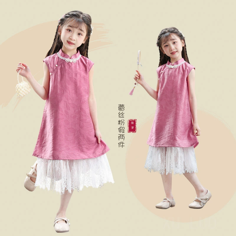 Новый китайский стиль улучшенный cheongsam девушка лето новый французский темперамент национальный стиль розовый кружевной поддельное платье из двух частей