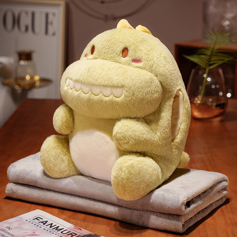Dinosaurio de dibujos animados almohada de mano caliente muñeca de peluche con manta multifuncional para niñas puede insertar almohada de mano regalo