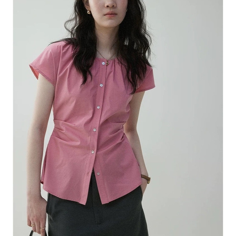 「 Wasabi Pie Vooe」 French Waist Pleated Strap Slim Shirt Women's Summer New Slim Commuting Top