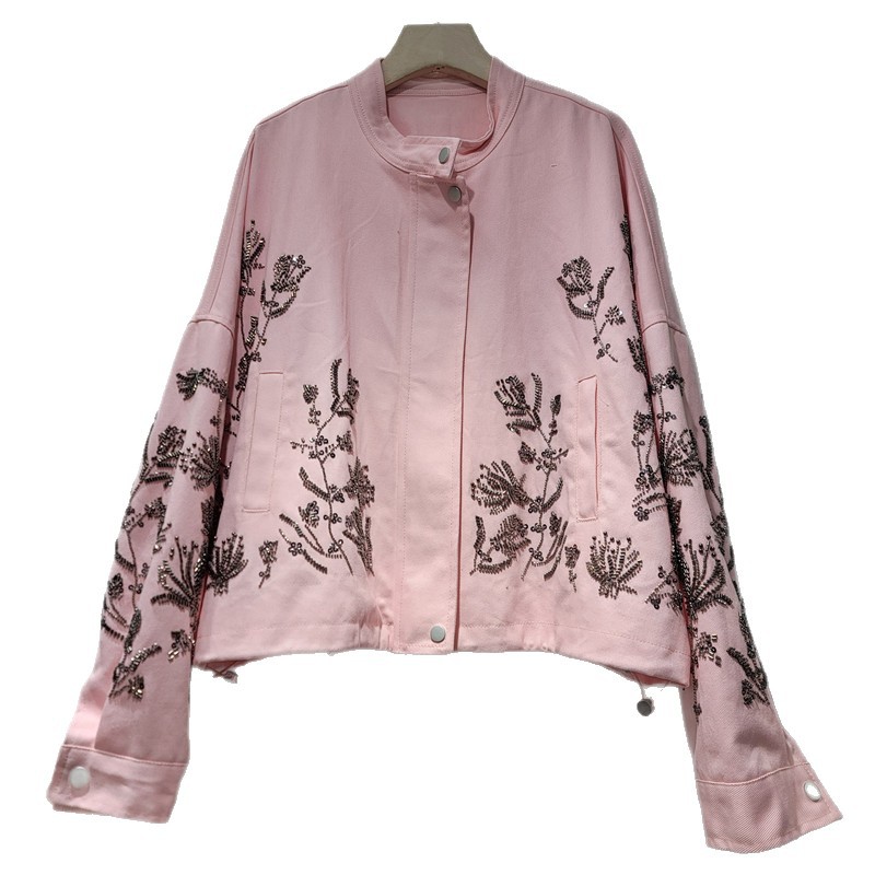 Chaqueta Corta de Poliéster para Mujer con Cuello Alto y Bordado Floral