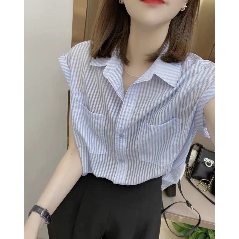 European Design Vertical Stripesd Chiffon Shirt for Women 2023 Summer Light and Breathable Shirt Collar Pocket Top European Design Vertical Stripesd Chiffon Shirt for Women 2023 Summer Light and Breathable Shirt Collar Pocket Top