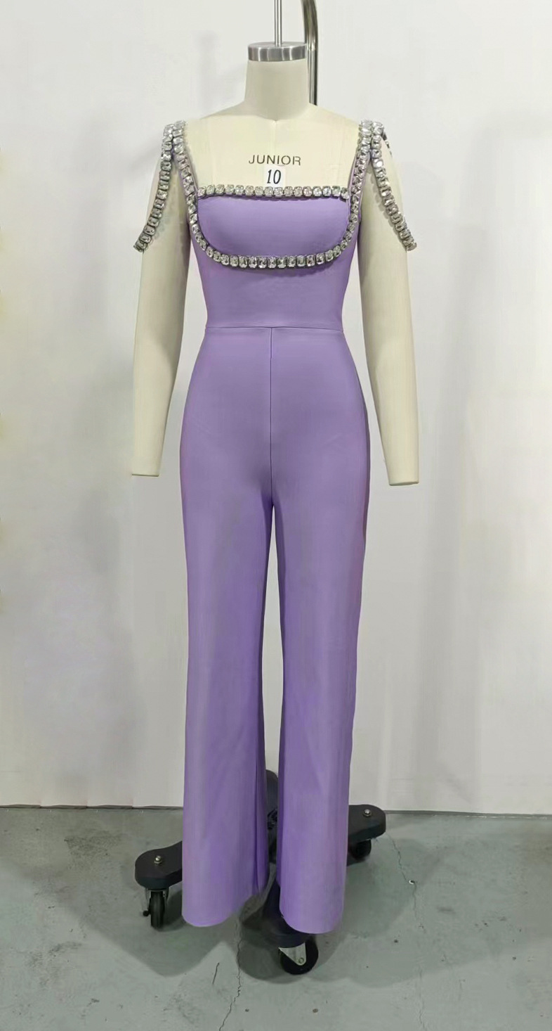 Cuidado beso nueva Alta cintura mono luz púrpura moda gran rhinestone Pantalones anchos de la pierna image 7