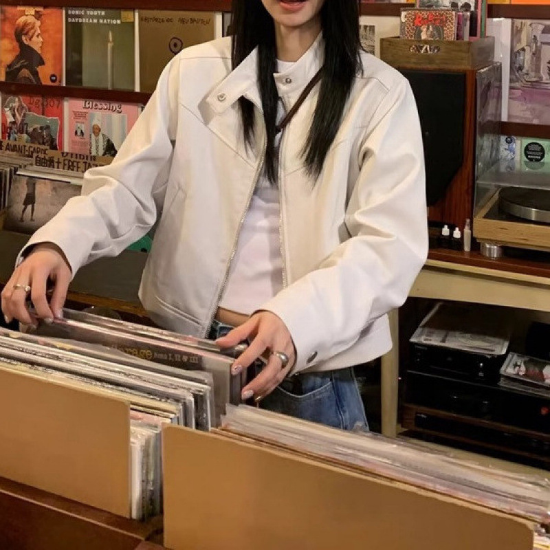 国潮美式白色pu皮衣短款外套女2025春秋新款设计感小众机车服夹克|undefined