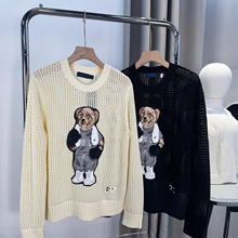 R~L 25秋冬镂空棒球服运动卡通刺绣小熊时尚减龄百搭女士针织衫