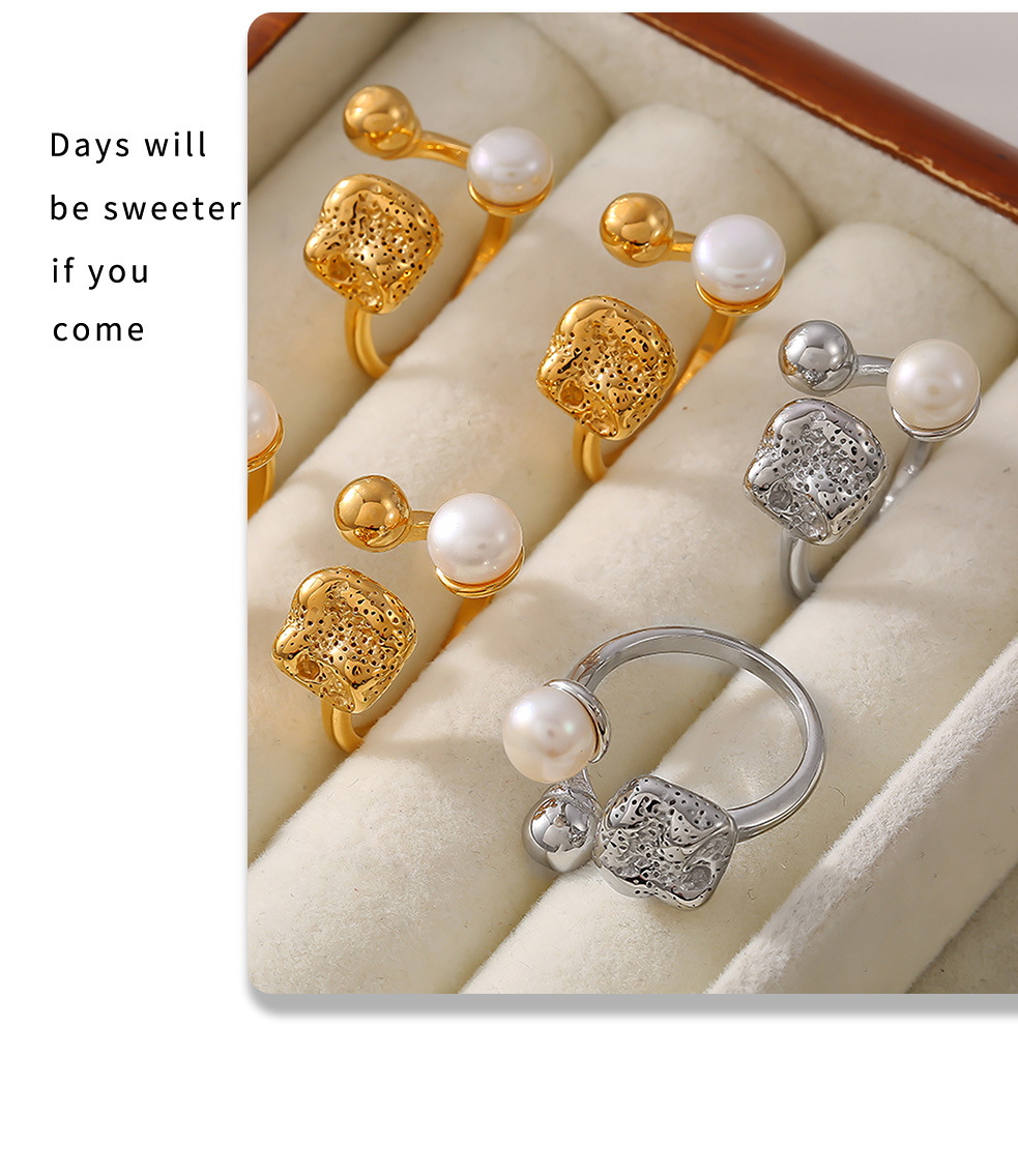 Quadratischer Zuckerring aus Titanstahl mit offener Öffnung und Imitationsperle, glatter, kugelförmiger, personalisierter Ring_voghion.com