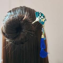 Guofeng Dark Blue Fan-tassel Hairpin with Retro Charm, Chinese Style Hanfu Step-and-Turn Hair Accessory for Women