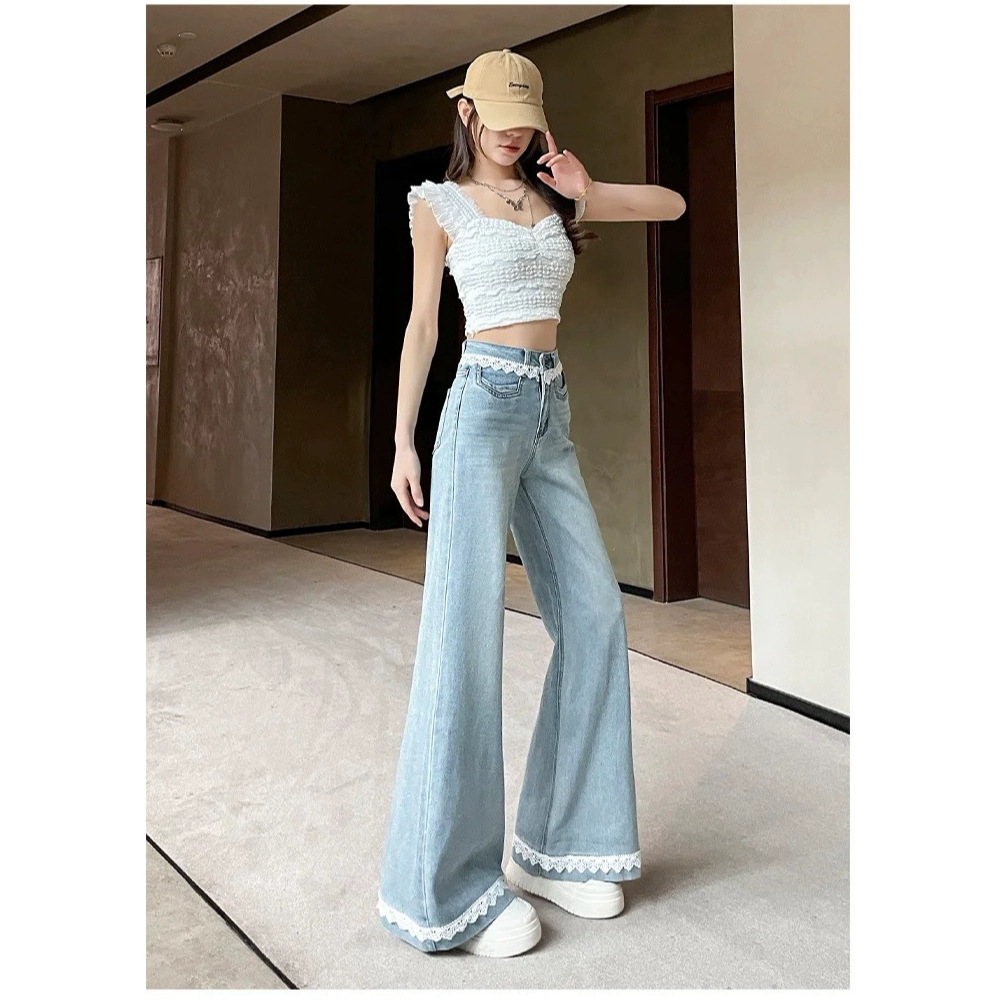 蕾丝牛仔喇叭裤女秋季2025新款百搭高腰拼接宽腿遮腿型拖地阔腿裤