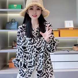 气质高级感长袖衬衫2025新款女秋季海水墨印花衬衣显瘦洋气上衣