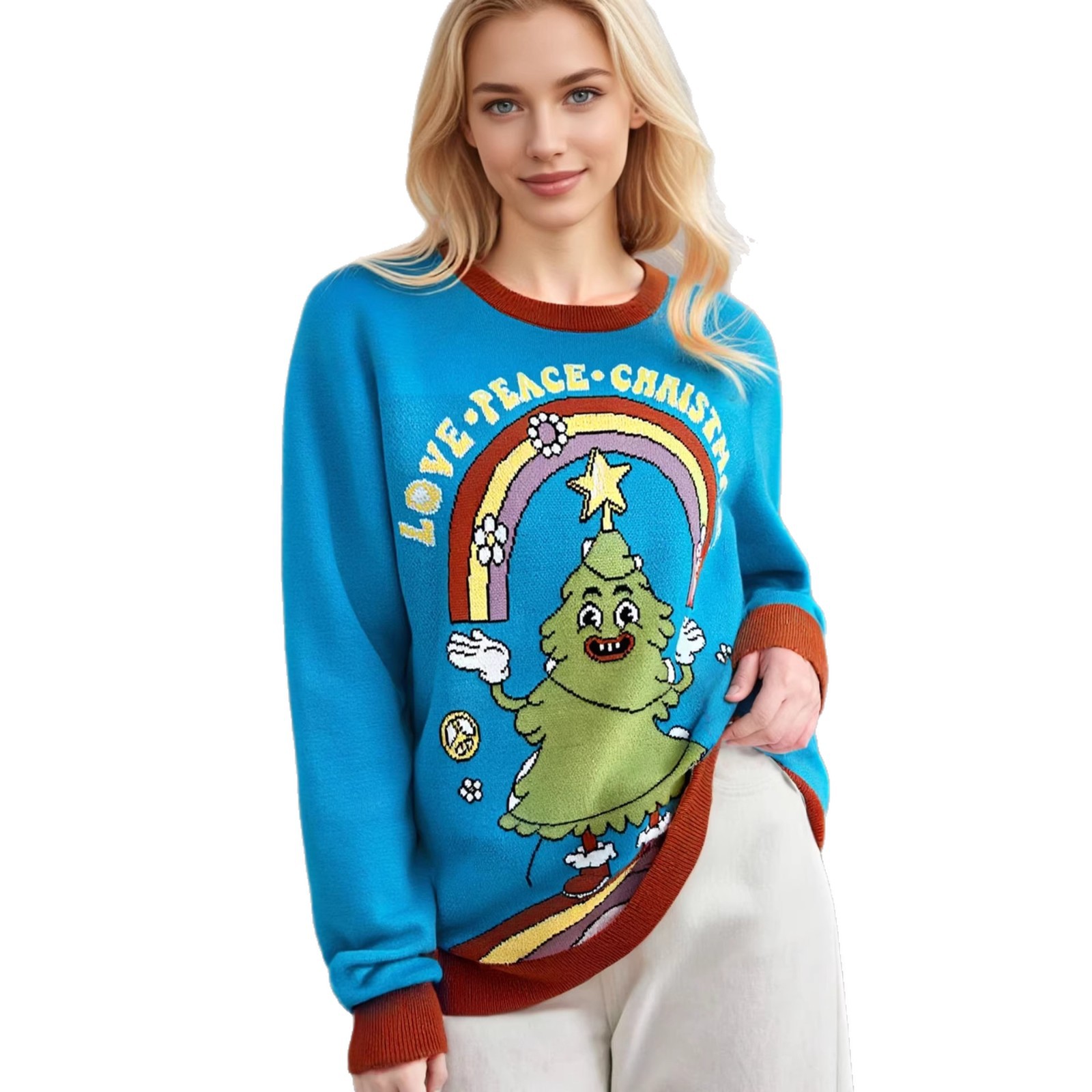Christmas Ugly Sweater autumn and winter new cartoon Christmas tree loose casual sweater round neck long-sleeved sweater