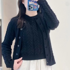 B*C  2025春秋新款长袖时尚休闲简约亮片麻花针织黑色开衫外套女