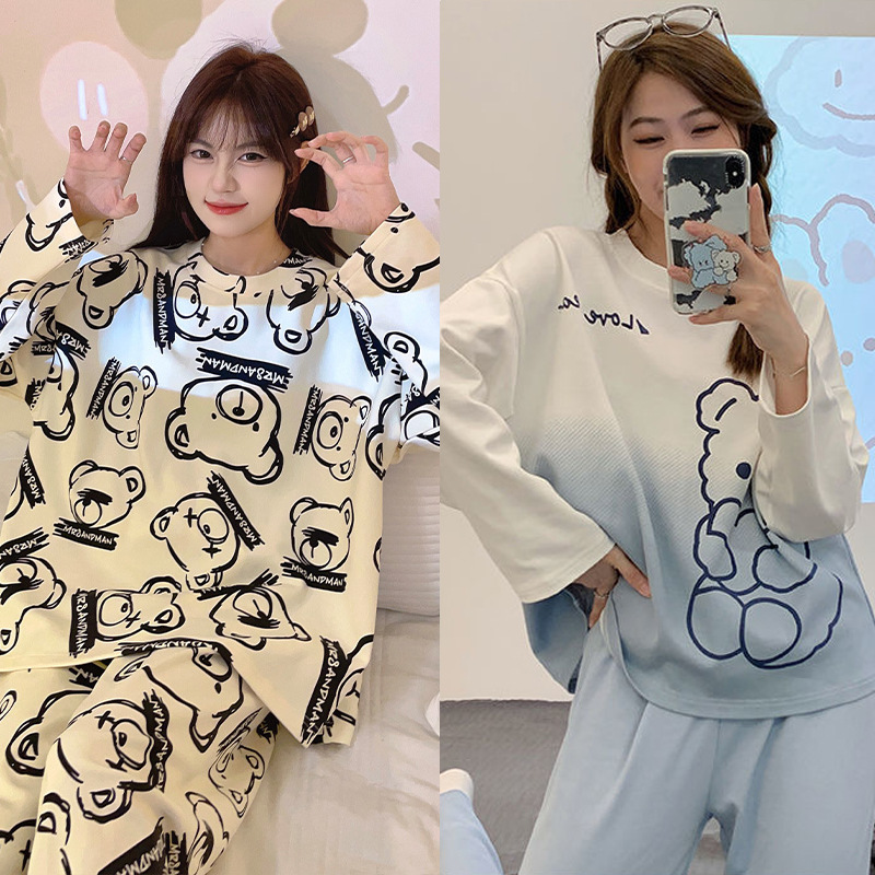 Wholesale Ready-Made Pajamas Spring and Autumn Women's Long-Sleeved Trousers Autumn Thin Round Neck Korean Style Loose Home Wear Set