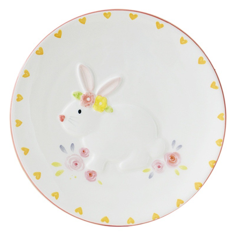 Plato de cerámica de 7 pulgadas estilo coreano de dibujos animados europeos, plato de frutas pequeño y fresco con color bajo esmalte, plato de verduras de porcelana de alta temperatura, plato de exhibición.
