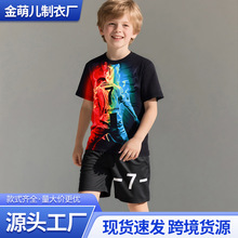 跨境男童T恤中大童运动短袖男童休闲套装夏季T恤数字休闲运动款