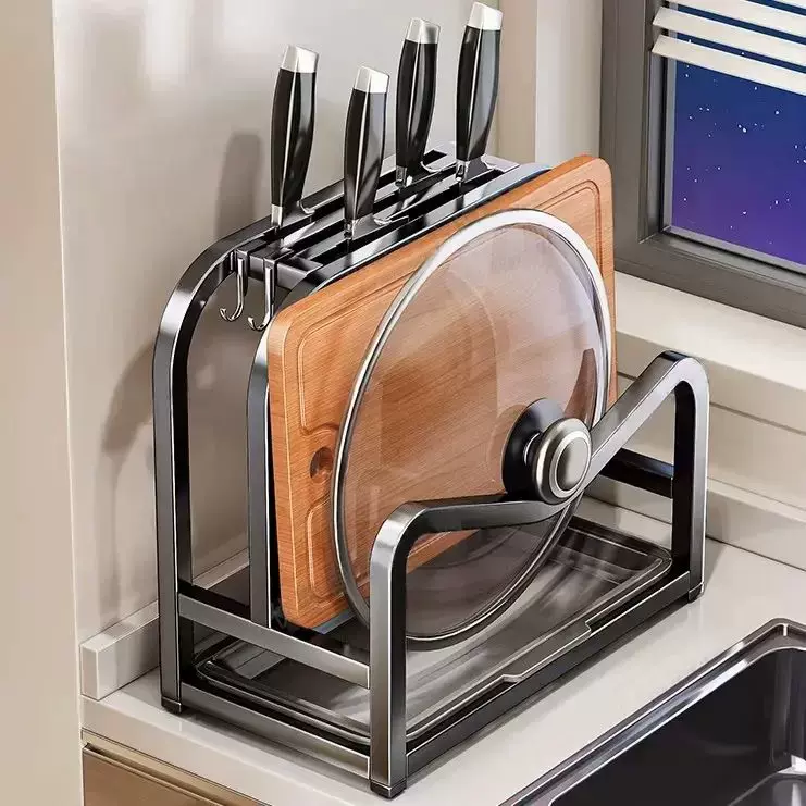 枪灰厨房刀架置物架多功能菜刀砧板锅盖一体收纳架台面刀具放置架