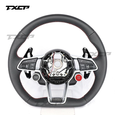 Suitable for Audi A3A4A5A6A7A8Q5Q7 modified R8 genuine leather flat-bottom steering wheel with one-touch start valve assembly (Steering wheel) - full-leather-model-with-one-touch-start