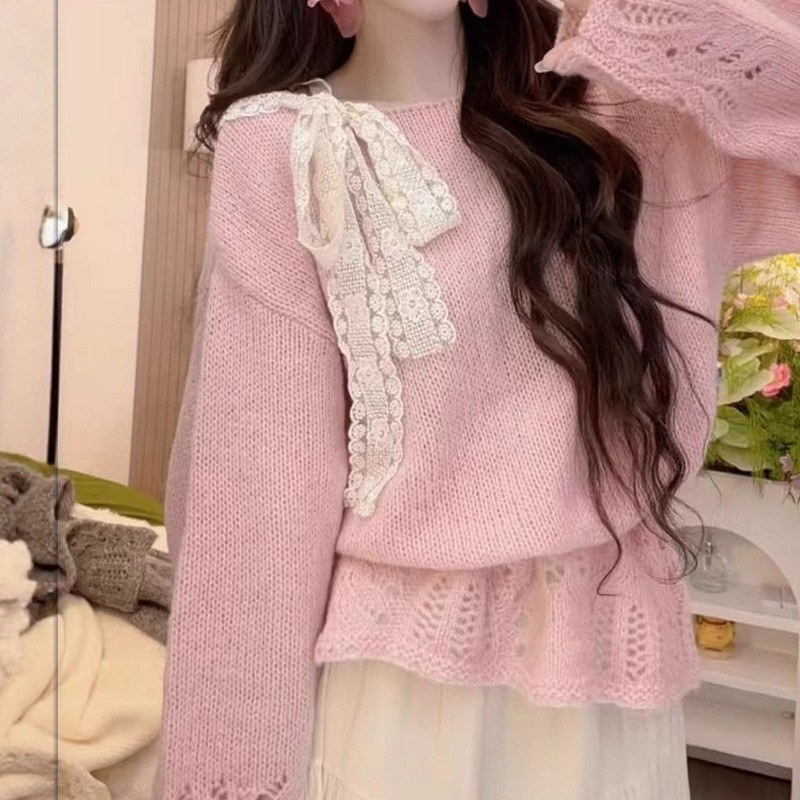 温柔甜美风2025秋季新款氛围感针织蝴蝶结拼接蕾丝绑带针织女上衣|undefined