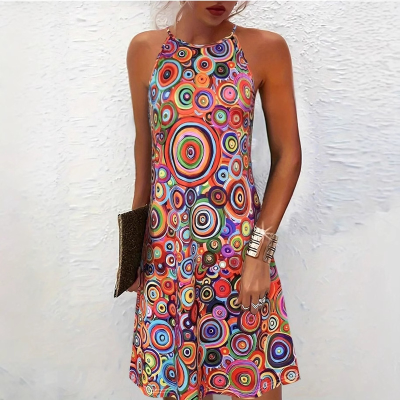 2025 Europe and the United States new wish Amazon psychedelic colorful spiral printed neck mini dress cross-border foreign trade