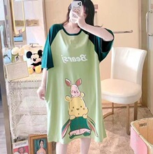 大码外贸裙女卡通宽松短袖夏季春秋中长款家居服连体裙休闲睡裙