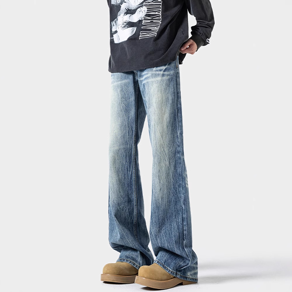 Lightning Pattern Slightly Pulled Jeans Men's 2026 Spring New American Retro Washed Large Size Loose Straight Trousers_voghion.com