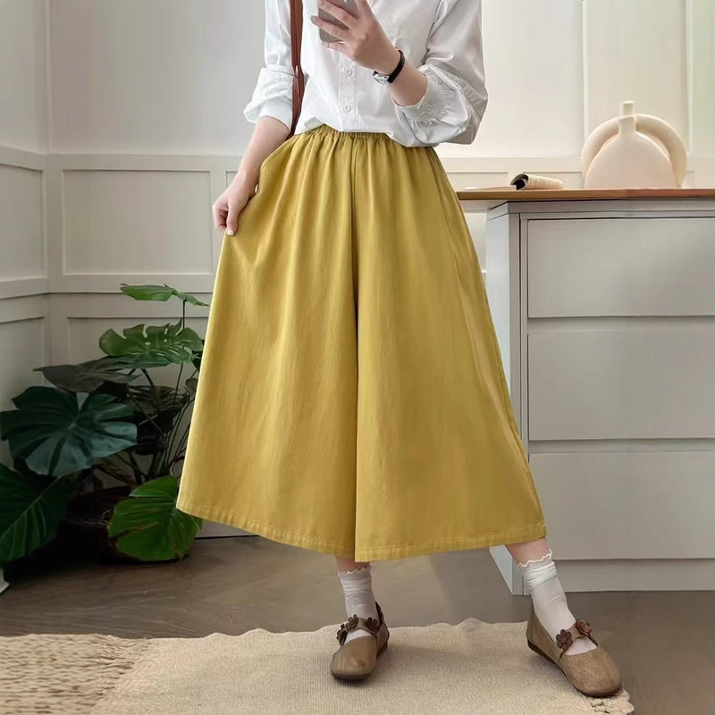Spring New Artistic Women's Clothing Japanese Style Sweet Fresh Style Loose Solid Color Casual Capri Pants Wide Leg Pants