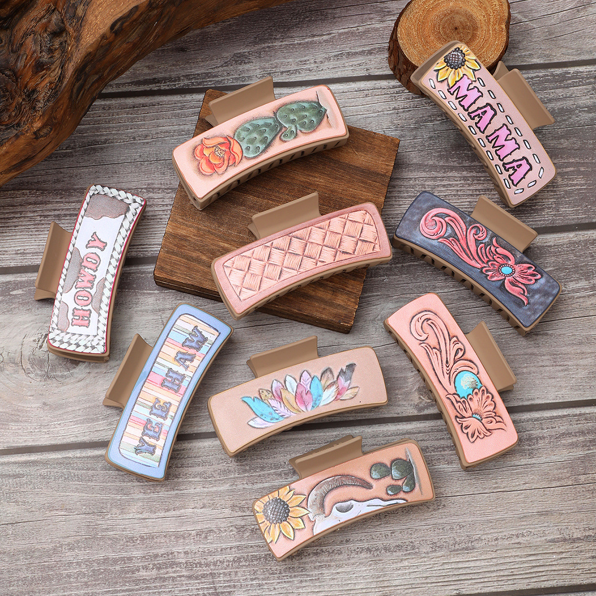 국경 서양 스타일 편지 엄마 선인장 해바라기 가죽 상어 클립 헤어 클립 숙녀 잡아 클립 Aliexpress