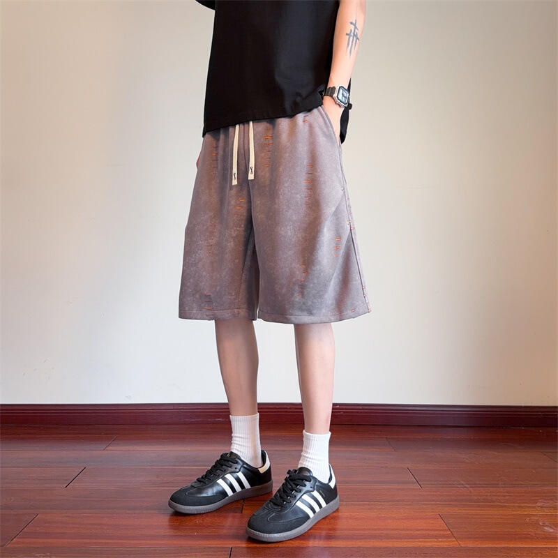Washed Vintage Distressed Shorts for Men, Summer Loose American-Style Five-Point Shorts, Casual Wide-Leg Sports Pants for Teenagers