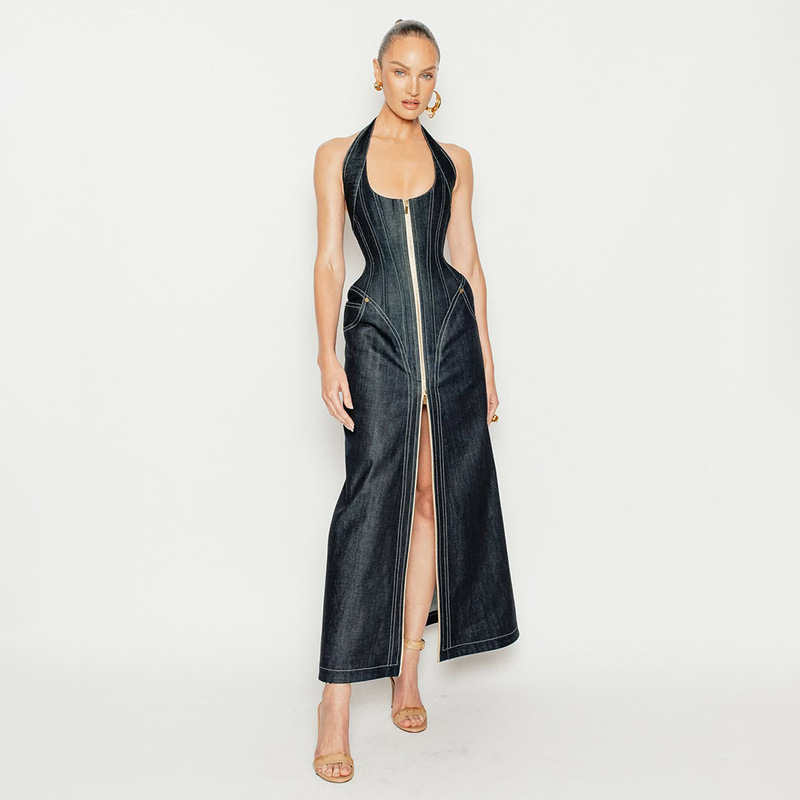 In Stock | Elegant and Stylish Solid Color Sleeveless Halter Neck Slim Fit Backless Bodycon Denim Dress, New European and American Style.