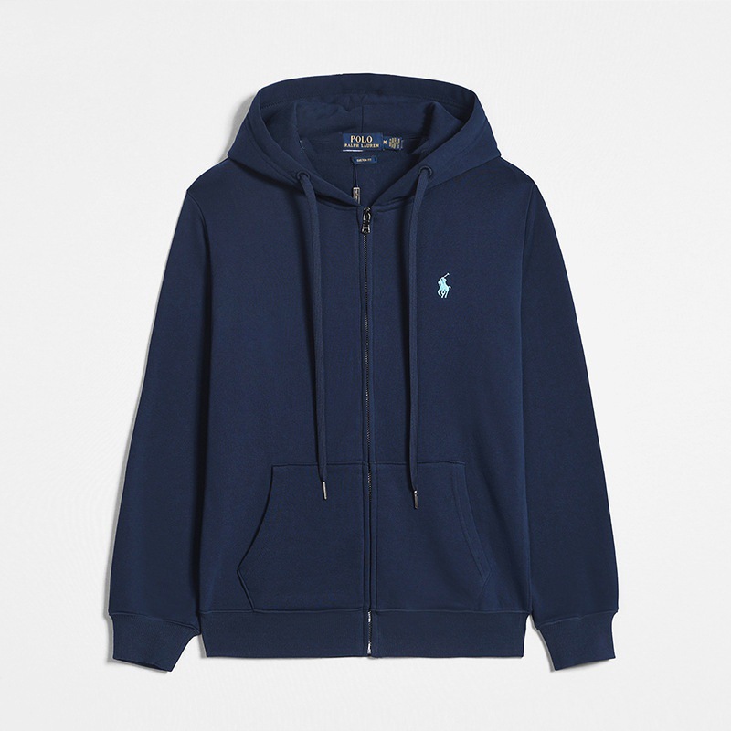 Zippered navy blue white label