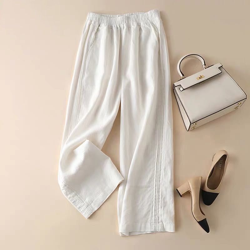 Cotton Wide-Leg Pants for Women 2025 Summer Thin Korean Style Side Pleated High-Waist Draped Straight Casual Women's Pants
