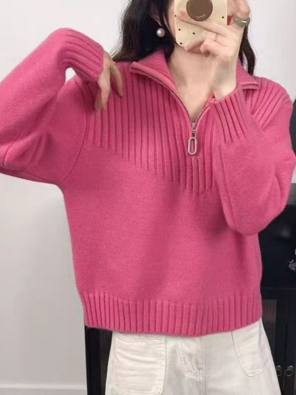 半拉链翻领内搭毛衣女秋冬2025大码胖mm宽松坑条慵懒风针织衫上衣|undefined