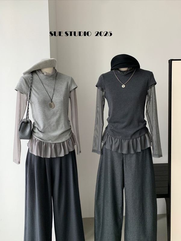 SUE十三行韩系百搭氛围感网纱拼接堆堆领打底衫秋季新款上衣97020|undefined