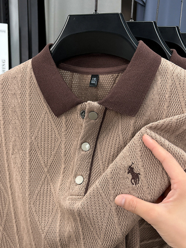 夏の新型ファッション襟付き男性ニット半袖poloシャツゆるいカジュアルジャカードtシャツ中年半袖上着|undefined