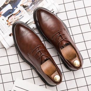 Leather Shoes Men's New Korean Style British Large Size Trendy Business Formal Dress Brock Flower Casual Night Shop Thick Bottom Men's Shoes