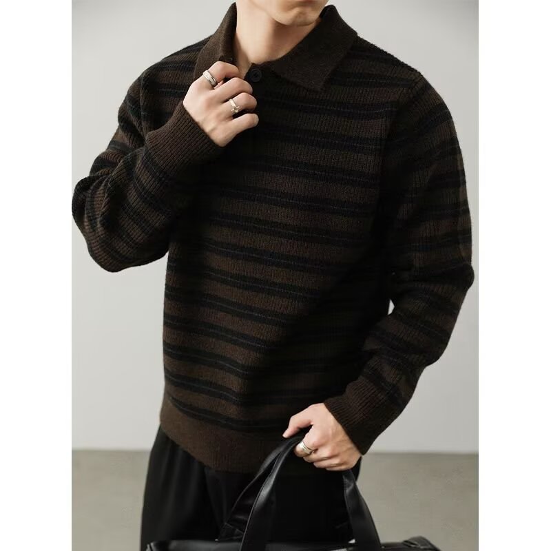 Polo camiseta de puntada suéter hombre rayas retro viejo estilo de negocios de otoño y invierno comercio exterior transfronterizo al por mayor image 9