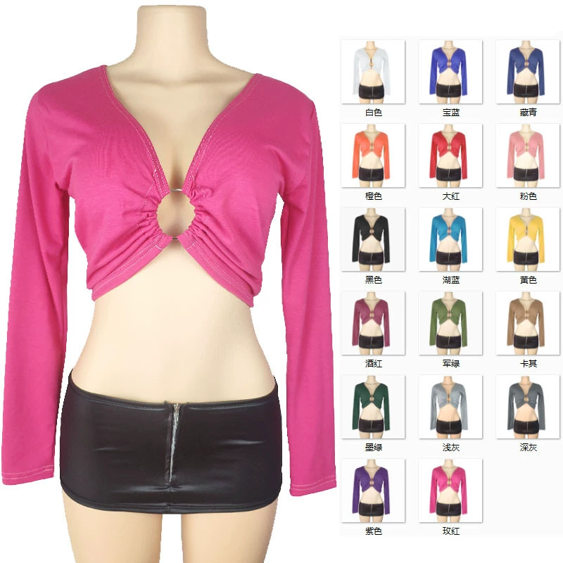 2024, трансграничный экспорт AliExpress, европейская и американская летняя сексуальная футболка с вырезом в виде кольца, однотонная футболка с длинными рукавами и глубоким V-образным вырезом на пупке