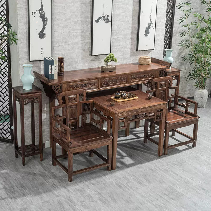 实木中堂条案六件套榆木太师椅八仙桌仿古四件套农村佛堂供桌佛台
