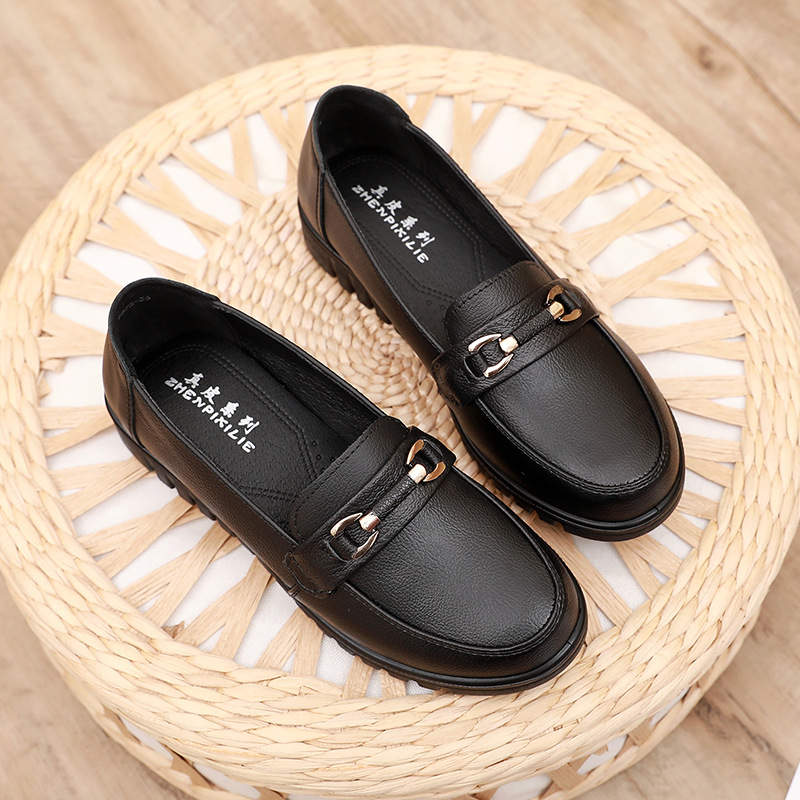 Mother Shoes Spring and Autumn Leather Shoes Leather Soft Sole Non-slip Middle-aged and Elderly Women's Single Shoes Flat Sole Work Comfortable Work Black