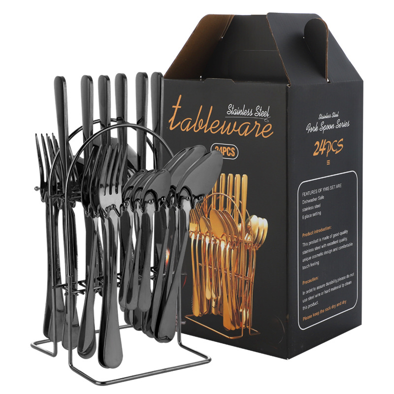 Amazon transfronteriza 1010 vajilla de acero inoxidable conjunto de 24 piezas cuchillo de carne occidental, tenedor y cuchara conjunto completo rack caja de regalo traje